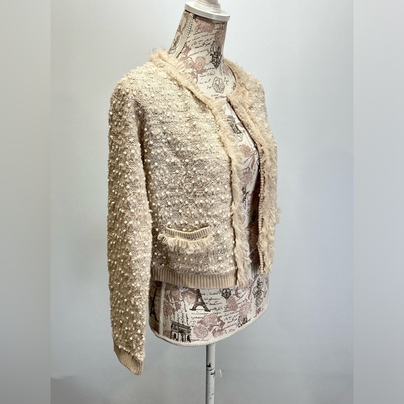 INTERNATIONAL CONCEPTS Cream fringe pearl like detail cardigan sweater size S - Picture 8 of 13